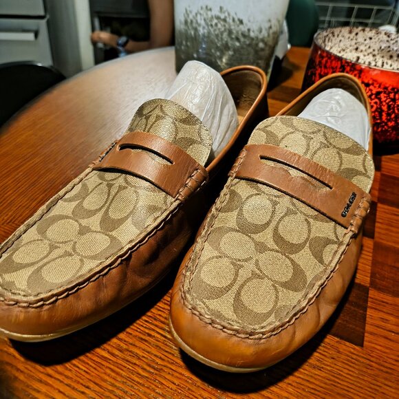 Coach Men’s Signature Canvas & Leather Penny Driver Loafers – Tan – Size 13 - Picture 1 of 5